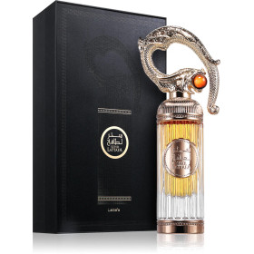Coffret et Bouteille de parfum dorée avec gemme rouge sehr lattafa